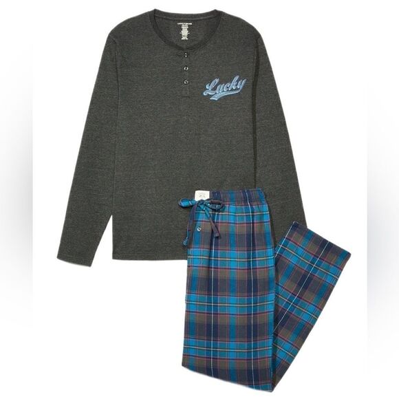 Lucky Brand Men’s Long Sleeve Henley Shirt & Flannel Pant Sleep Gift Set - Picture 1 of 5